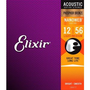 Elixir 16077 NANOWEB Комплект струн для акустической гитары, Light-Medium, фосфорная бронза, 12-56