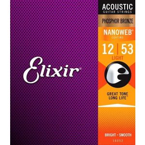 Elixir 16052 NANOWEB Комплект струн для акустической гитары, Light, фосфорная бронза, 12-53