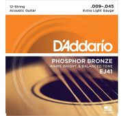 D'Addario EJ41 Phosphor Bronze Комплект струн для акустической 12-струнной гитары, Extra Light, 9-45